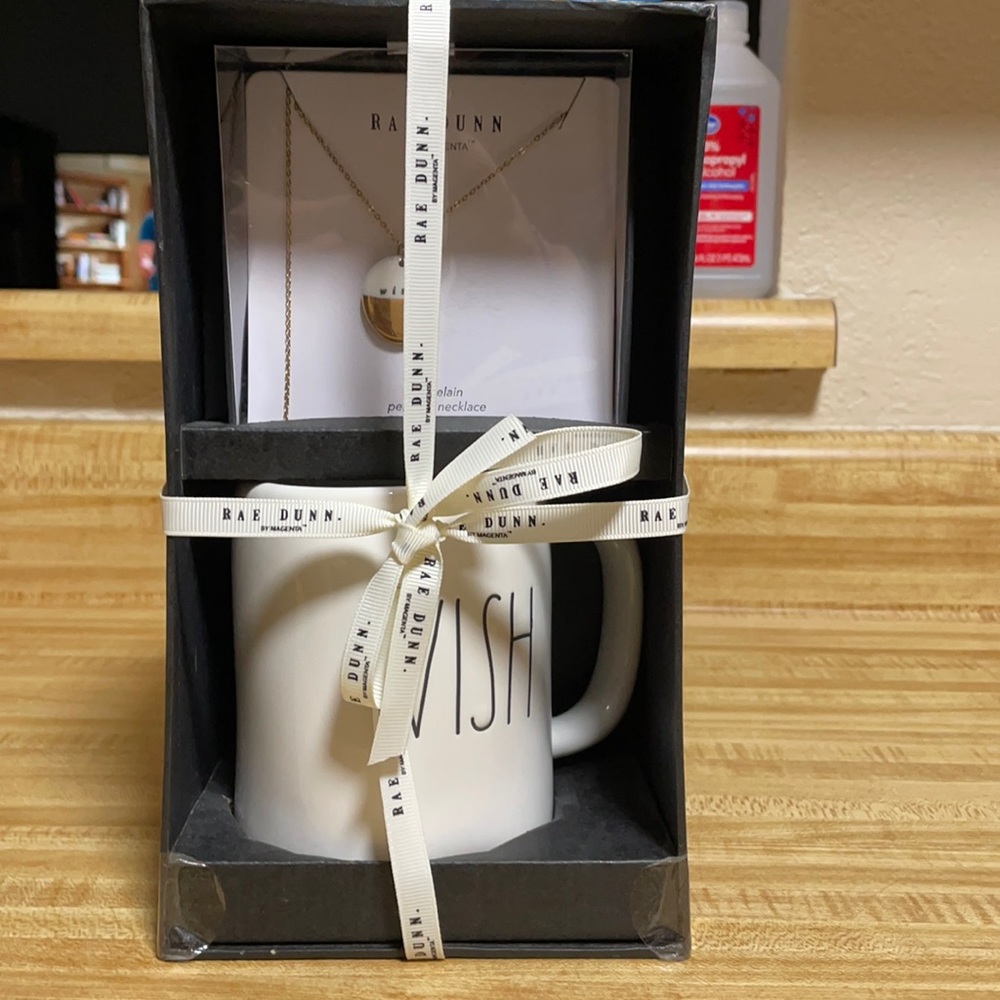 Rae Dunn mug and necklace set